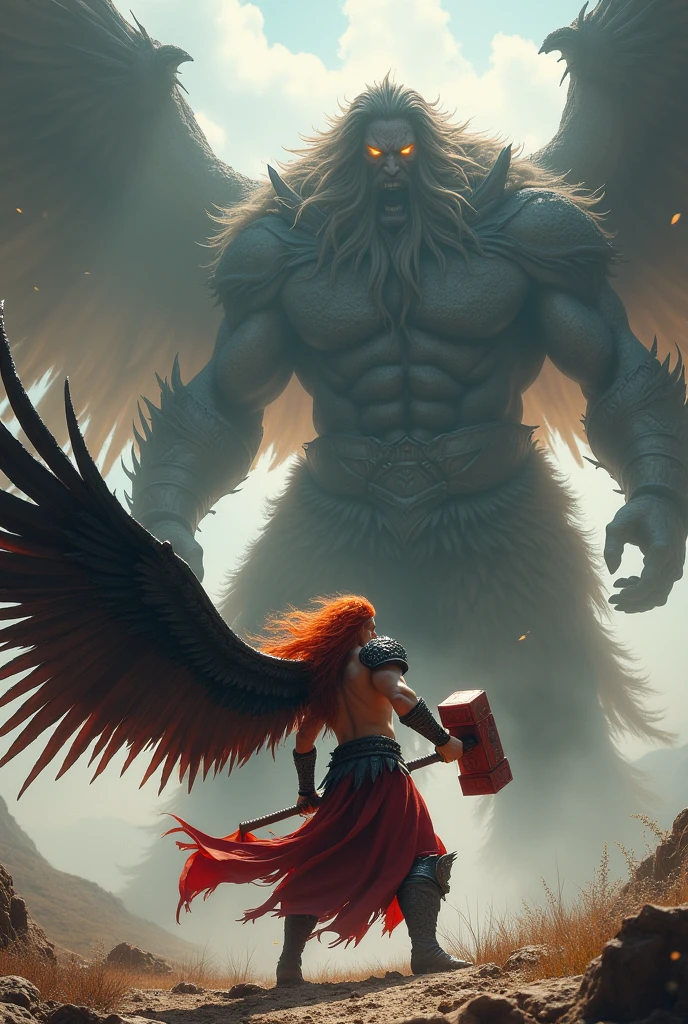 Man with long red hair, black wings and a big red hammer fighting a titan 