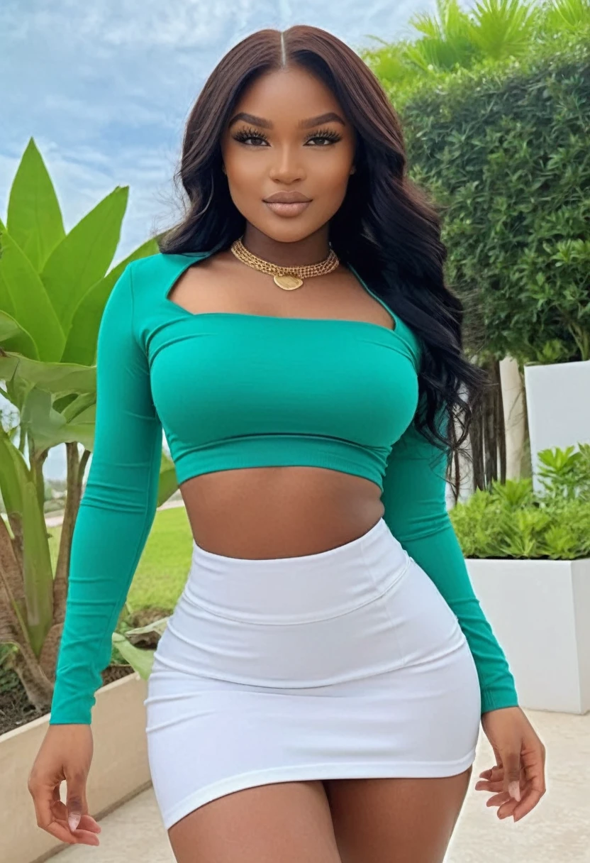 (best high quality:1.5), (8k), extremely detailed, (High details:1.4), Solo, Angolan female with 2, (crop top, micro-skirt), ((sexy hourglass body)), (square-shaped defined pretty face:1.45),