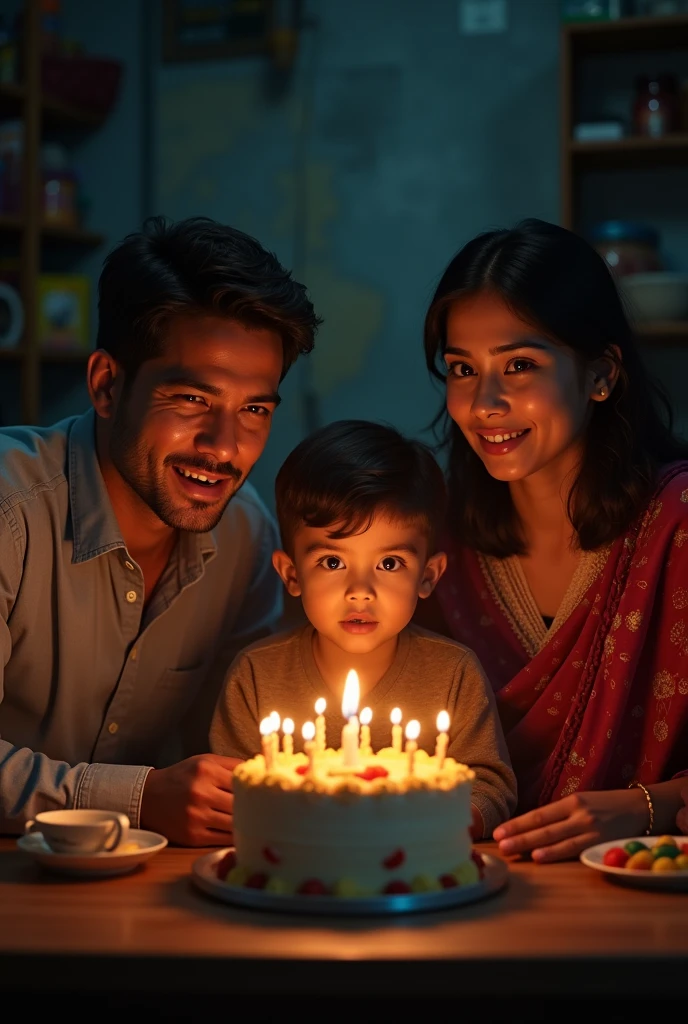 create cinematic, photo realistic film poster of a christian family consisting of a father, mother and son in Darjeeling, celebrating birthday of the son, cake cutting inside their kitchen at night, candle burning, lights off, excitement, moody, less contrasting colour tone, fair skin tone people, father no moustaches