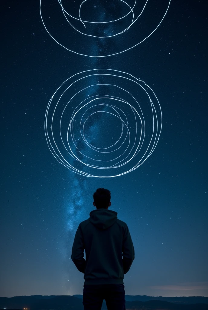 long exposure starry sky with many circular orbits, focus at stars,silhouette of a young man with his hands in her coat pockets looking up at it,golden ratio, wearing Hoodie