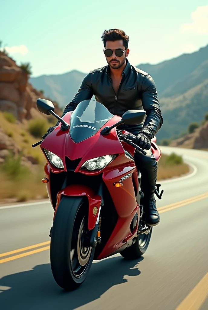 Indian super star in Hayabusa bike in red and black color on highway 