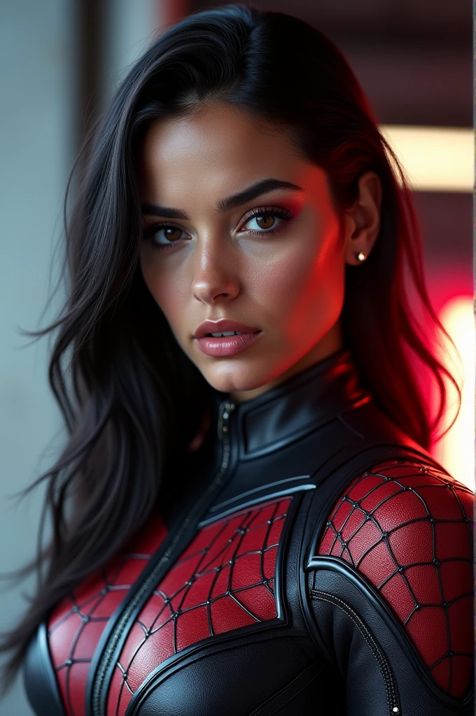 portrait of Kathryn Newton, superhero suit cassie lang, (black hair:1.2), serious look, epic (photo, studio lighting, hard light, sony a7, 50 mm, matte skin, pores, colors, hyperdetailed, hyperrealistic) With a spider man design