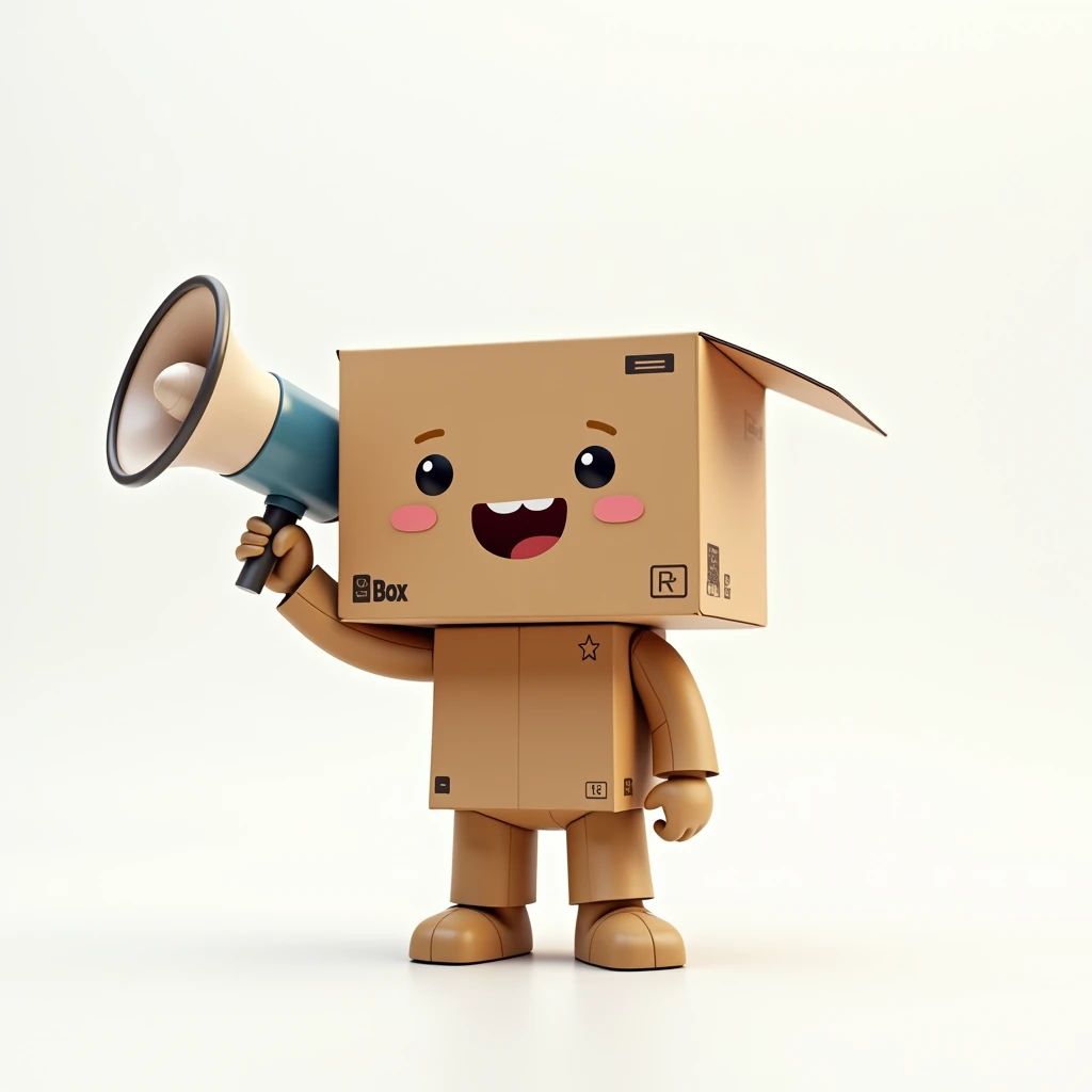 Create a hyper-realistic image of a mascot named WillBox, shaped like a box, (((in focus))), shown from a front-facing view. WillBox should have a detailed, realistic design, capturing the textures and colors of a cardboard or package box, including visible flaps and edges. Ensure WillBox has a friendly and approachable expression, possibly with cartoonish eyes and a smile. In one hand, WillBox should be holding a megaphone, adding a touch of personality to the character. (((in focus))) The background must be completely white, resembling a studio setting or transparent, with no distractions or additional elements. The entire WillBox mascot, including the megaphone, should be fully visible, with no parts cut off. Use soft, flattering lighting to highlight the texture and colors of the box and the megaphone, emphasizing their appearance. The image must be ultra-realistic, crystal clear, 8K UHD, with fine details and a polished, high-quality finish. Ensure the entire image is extremely sharp and (((in focus))), with absolutely no blurriness or softness. All details should be perfectly clear and defined, with absolute focus across the entire image. Use the lens at full aperture to achieve maximum sharpness and clarity (((in focus))).