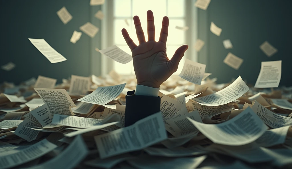 A ball of invoices and bank slips with a human hand of an executive coming out as if asking for help, showing that he is sinking in debt