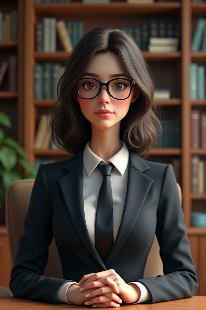 create a high, brunette with highlights, with black glasses wearing a psychologist outfit 