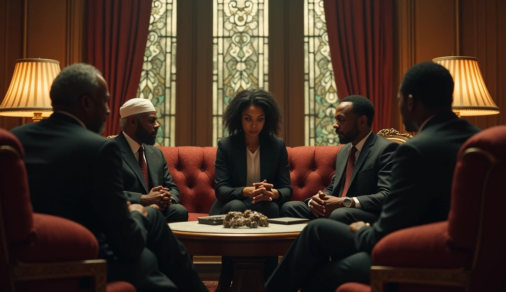 one muslim, one jamaican and one african queen sitting in couches and staring at an executive black woman, in a big office in the style of the godfather movies, stained glass windows at sides
