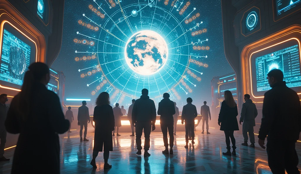 A dynamic scene of people preparing for cosmic changes, with astrological charts and futuristic technology in the background. The mood should be anticipatory and proactive, reflecting readiness for transformation. --ar 16:9