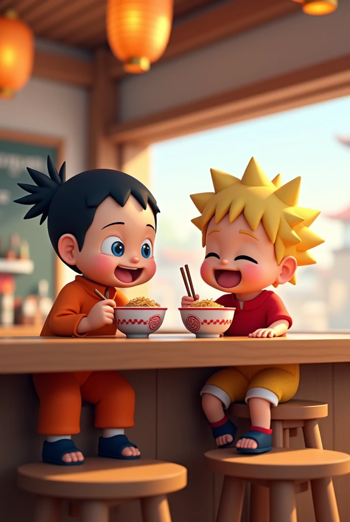 "Create a 3D illustration of Shinchan and Naruto sitting together at the Ichiraku Ramen shop in the Naruto universe. Naruto should be in his usual orange ninja outfit, while Shinchan wears his signature red shirt and yellow shorts. Both are happily eating bowls of ramen, with chopsticks in hand. The setting should include the iconic Ichiraku Ramen shop, with its wooden counter, stools, and the warm, cozy atmosphere of the shop. The background can feature a glimpse of the Hidden Leaf Village, with soft lighting to create a friendly and inviting scene."