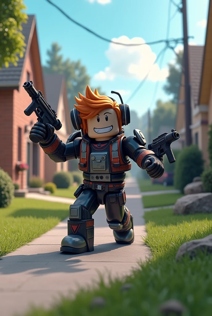 Create an image of a Roblox character fighting in a neighborhood
