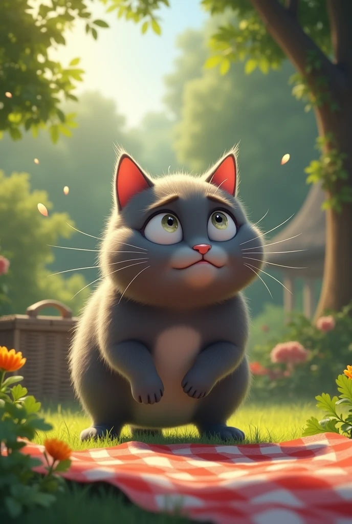 A gray chubby cat looking around frantically in the garden, the picnic blanket behind him, and no kitten in sight