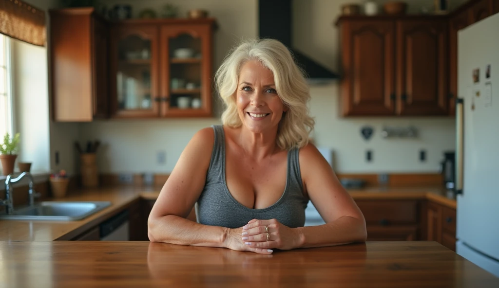 woman in a short skirt is in a house in the kitchen, leaning on the table, sticking her ass out, attractive woman in her 65s, short skirt, curvy, hot, voluminous body, cleavage, big breasts, approximately 70 years old, older elderly woman , front image, looking for camera, posing, stunning, natural mature woman, medium size, natural six-pack