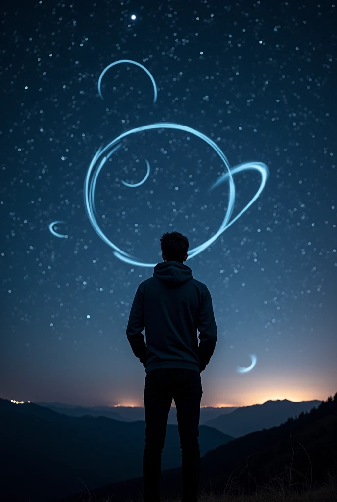 long exposure starry sky with many circular orbits, focus at stars,silhouette of a young man with his hands in her coat pockets looking up at it,golden ratio, wearing Hoodie