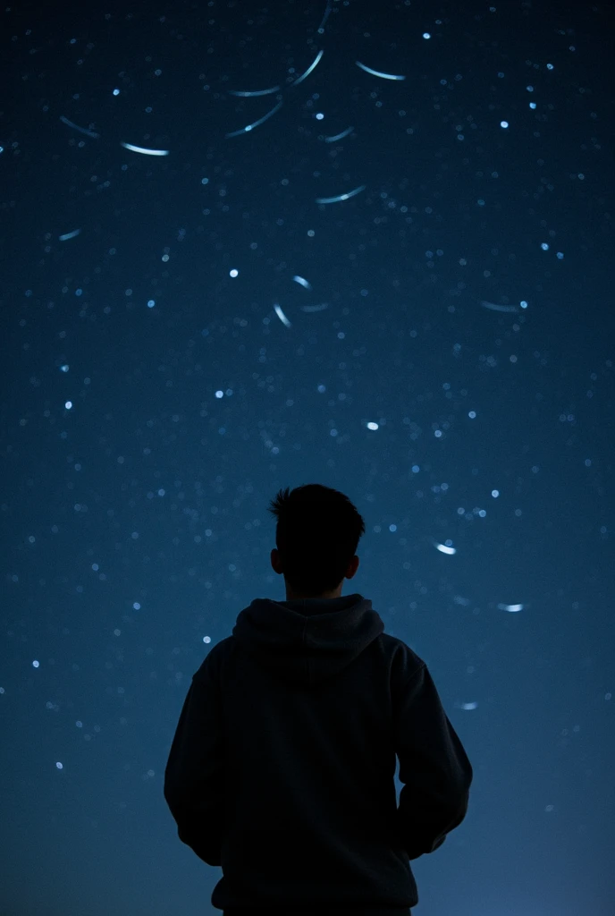 long exposure starry sky with many circular orbits, focus at stars,silhouette of a young man with his hands in her coat pockets looking up at it,golden ratio, wearing Hoodie