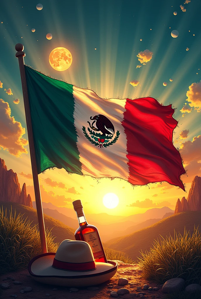 An abstract composition with a torn Mexican flag, letting out rays of light that represent freedom. Behind the flag, A Mexican landscape with vibrant colors and natural elements like the sun, the moon and the stars and a charro hat with a bottle of tequila. style: Photographic