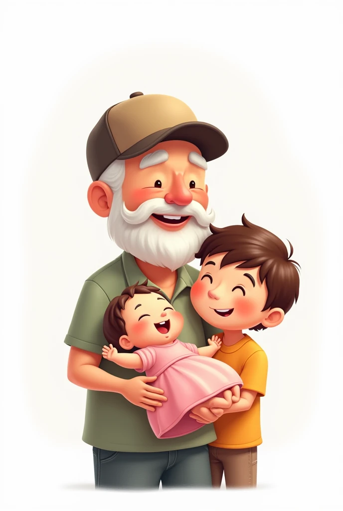 Cartoon loving grandfather with cap without beard, with teenage male grandson and newborn female granddaughter in pink dress on a white background