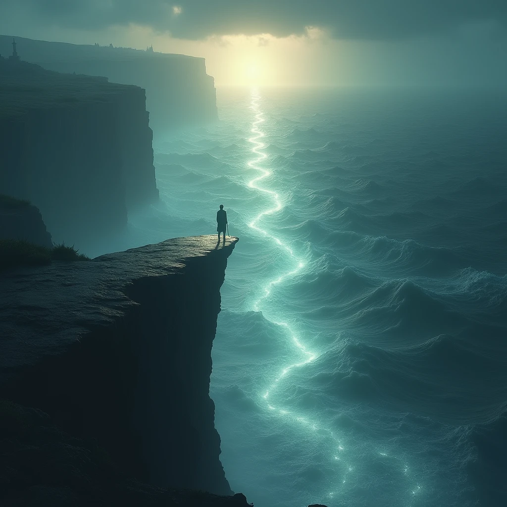 A person standing on a cliff overlooking a vast, dark ocean. A bridge of light extends from the shore, leading towards a radiant, heavenly city. The person steps onto the bridge, symbolizing their transition from darkness to light.