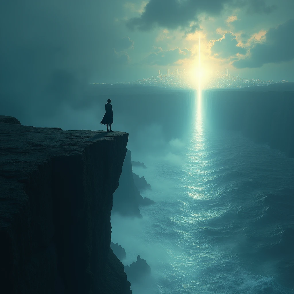 A person standing on a cliff overlooking a vast, dark ocean. A bridge of light extends from the shore, leading towards a radiant, heavenly city. The person steps onto the bridge, symbolizing their transition from darkness to light.