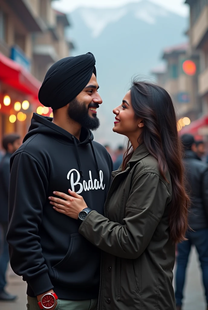 A Punjabi boy wear black reality ladies Jais romance karte hue turban hoodie written on bold name "Badal"attractive smile reality in image,red watch , with cold mountain view cold falling smile , very crowded area of Punjab