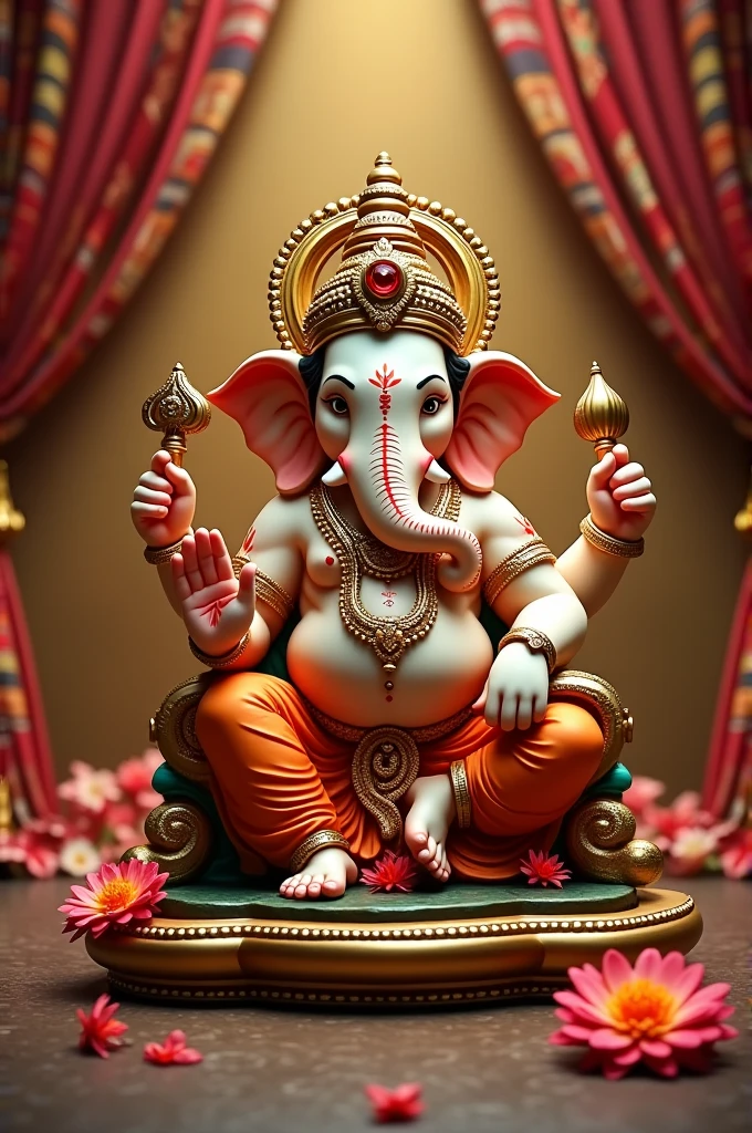 A beautifully crafted statue of Lord Ganesha, an elephant-headed deity, seated on a decorative platform adorned with vibrant colored fabrics. Ganesha wears an ornate golden crown and intricate jewelry, holding a small key and representing prosperity. The background features warm tones and floral offerings, enhancing the divine atmosphere.