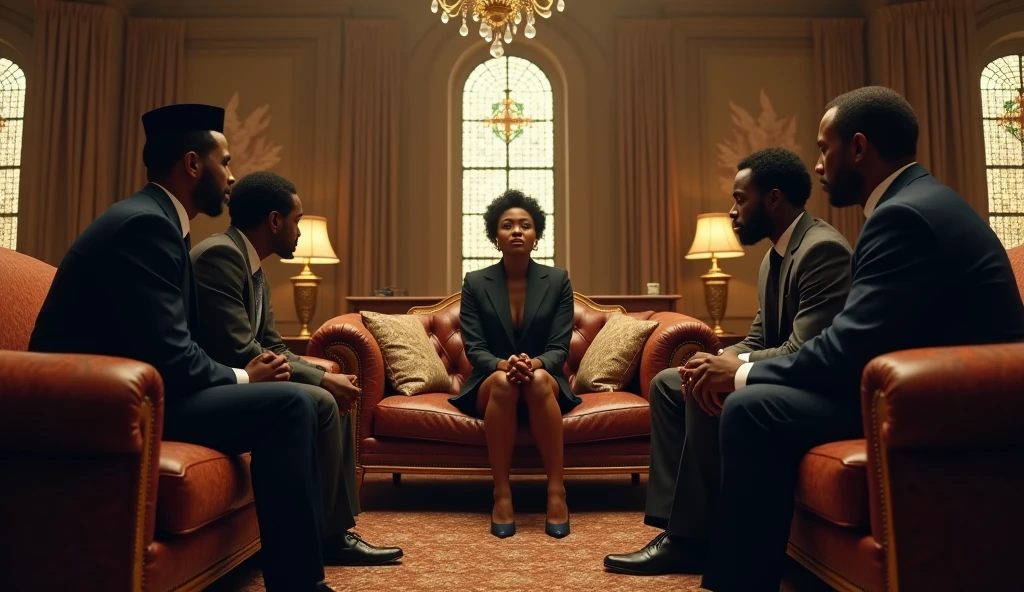 one muslim, one jamaican and one african queen sitting in couches and staring at an executive black woman, in a big office in the style of the godfather movies, stained glass windows at sides