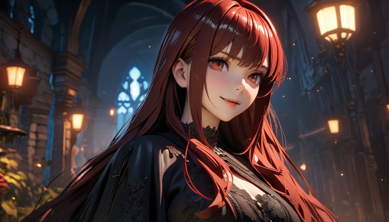 1 woman，masterpiece, 8K quality, (((red skinned girl))),(чрезвычайно подробные обои CG Unity 4k),(masterpiece),(Best quality),(ultra detailed),(best illustration),(best shadow),(absurdity),(detailed background), detailed face, Detailed hair, official Art, unity 8k wallpaper, super detailed, Beautiful, Beautiful, ((New goth girl:1.4)), masterpiece, top quality, Dark, In the atmosphere, mysterious, romantic, creepy, literature, Art, fashion, Italian Vineyard , decoration, difficult, Metalworking, contemplation, depth of emotions, black hair, Supernatural, 1 girl, One, Hip, Close-up, creepy, old (man:0.5), shiny complex details, spicy, 3D rendering, cinematic lighting, unreal engine, Blender, big breasts, Smirk、professional lighting、about, standing, very long hair, cowboy shot, brilliant, brilliant hair, (night:1.2),Dreamy, [[gentle fingers and hands:0.55]::0.85],(detailed fingers),),(emotional),(breathtaking),(main part:1.2) whole body.), (Anime Style), (Super Detailed), (brutal), (uhd, HDR), (8k), (High Resolution: 1.2), (Complex and Beautiful: 1.2)