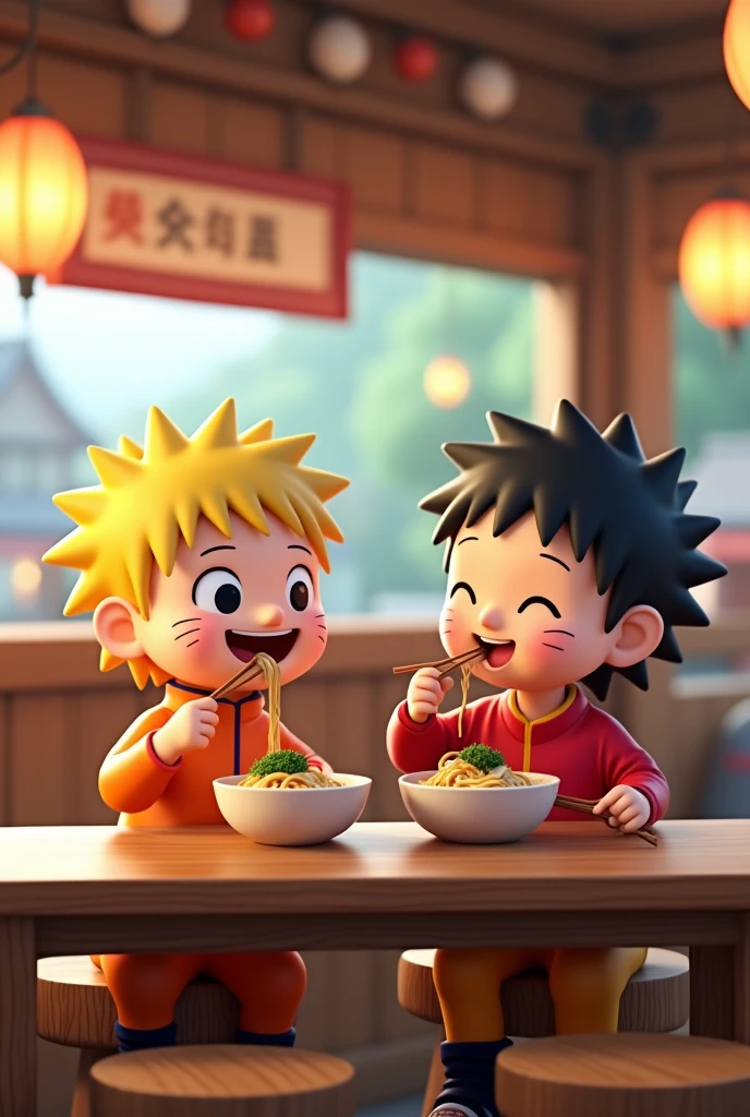 "Create a 3D illustration of Shinchan and Naruto sitting together at the Ichiraku Ramen shop in the Naruto universe. Naruto should be in his usual orange ninja outfit, while Shinchan wears his signature red shirt and yellow shorts. Both are happily eating bowls of ramen, with chopsticks in hand. The setting should include the iconic Ichiraku Ramen shop, with its wooden counter, stools, and the warm, cozy atmosphere of the shop. The background can feature a glimpse of the Hidden Leaf Village, with soft lighting to create a friendly and inviting scene."