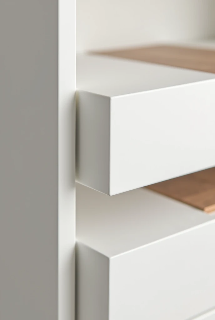 A detail image of exclusive custom furniture in white MDF and modern and minimalist 15mm thick wood-effect MDF that is very close to the furniture, almost in zoom