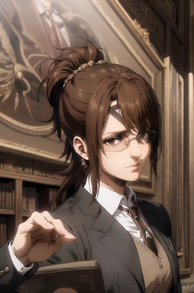 portrait of beautiful HangeAOT, 1girl, solo, brown_hair, glasses, eyepatch, Perfect brown silk suit , Masterpiece ,Background of a large library , realistic hands , Detailed realistic painting, hd, Brown and chestnut colors , White silk shirt, black tie, Messy ponytail, Perfect detailed body ((eyelashes)) Pose taking his tie ((Greek nose))