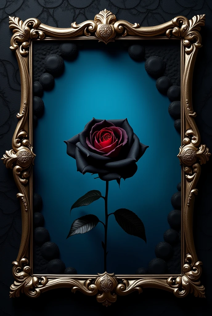 Title: "Dark Elegance"
- Dark blue (#212121)
- Deep blue (#3498db)
- Negro (#000000)
- Dorado (#FFD700)
- Deep red (#8b0a1a)

Elements:

- An ornate gold frame around the edge of the picture, with intricate patterns and floral details.
- A black rose in the center of the image, with soft and delicate petals.
- A dark blue background that graduates to deep blue towards the edge of the image.
- Black velvet and lace details around the rose, adding texture and depth.
- Deep red accents in the center of the rose and in the frame details, adding a touch of passion and mystery.

style:

- Dark and elegant theme, with a touch of mystery and sophistication.
- Gothic and Victorian influences in the frame design and floral details.

