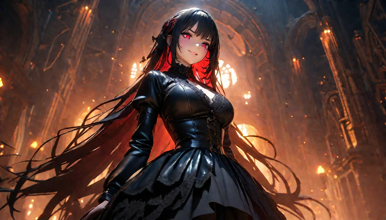1 woman，masterpiece, 8K quality, (((red skinned girl))),(чрезвычайно подробные обои CG Unity 4k),(masterpiece),(Best quality),(ultra detailed),(best illustration),(best shadow),(absurdity),(detailed background), detailed face, Detailed hair, official Art, unity 8k wallpaper, super detailed, Beautiful, Beautiful, ((New goth girl:1.4)), masterpiece, top quality, Dark, In the atmosphere, mysterious, romantic, creepy, literature, Art, fashion, Italian Vineyard , decoration, difficult, Metalworking, contemplation, depth of emotions, black hair, Supernatural, 1 girl, One, Hip, Close-up, creepy, old (man:0.5), shiny complex details, spicy, 3D rendering, cinematic lighting, unreal engine, Blender, big breasts, Smirk、professional lighting、about, standing, very long hair, cowboy shot, brilliant, brilliant hair, (night:1.2),Dreamy, [[gentle fingers and hands:0.55]::0.85],(detailed fingers),),(emotional),(breathtaking),(main part:1.2) whole body.), (Anime Style), (Super Detailed), (brutal), (uhd, HDR), (8k), (High Resolution: 1.2), (Complex and Beautiful: 1.2)