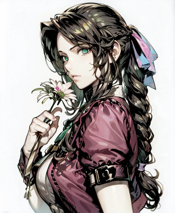 yoshida akihiko, 1girl, bravely default: flying fairy, bravely default \(series\), Nier, final fantasy, green eyes, holding flower, pink ribbon, ponytail braid