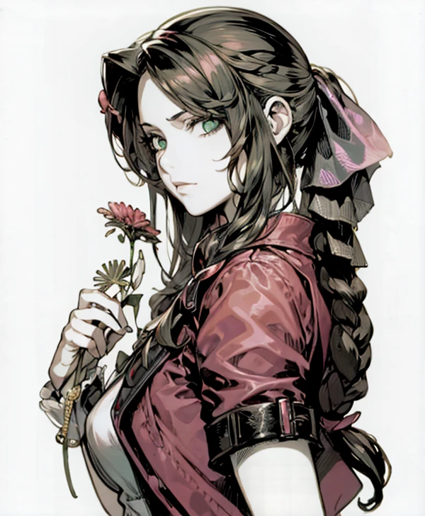 yoshida akihiko, 1girl, bravely default: flying fairy, bravely default \(series\), Nier, final fantasy, green eyes, holding flower, pink ribbon, ponytail braid
