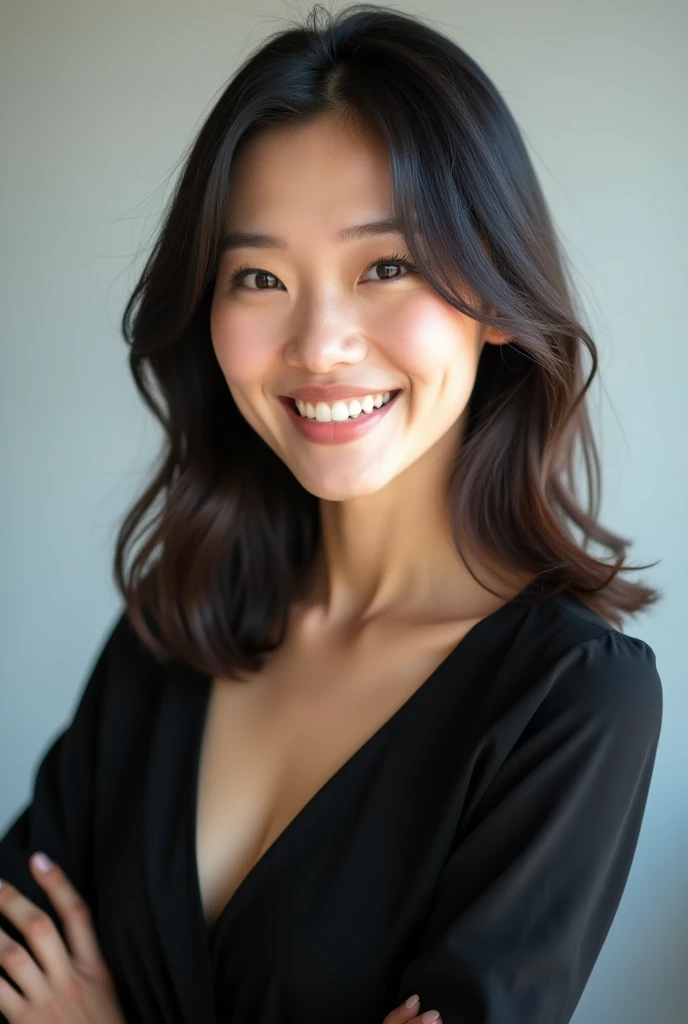 A beautiful Japanese woman in her early 30s with shoulder-length, semi-long hair, wearing a black cut-out top, smiles warmly and cheerfully. The angle captures her upper body, focusing on her kind and welcoming expression. The background is simple and minimalistic, emphasizing the professional and friendly nature of the image. Her posture is relaxed, with her hands gently placed in front of her, conveying a sense of calm and approachability.