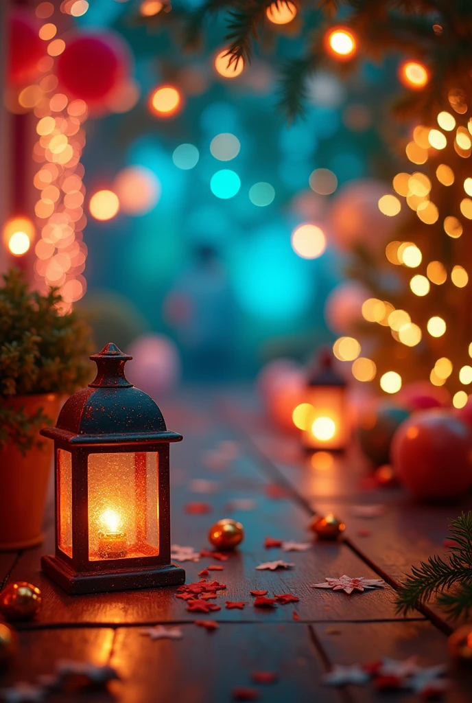 A festive and cheerful photography background, with a combination of sparkling lights of various colors, como azul, rot, green and gold. The setting should have a magical and welcoming atmosphere, with fairy lights hanging, soft and bright lanterns, and a blurred bokeh lights effect in the background. May include decorative elements such as balloons, discreet streamers and confetti, to enhance the festive atmosphere. The general tone should be celebratory., with warm and inviting lighting."

This setting would provide a lovely setting for photographs at festive events., creating a memorable and magical atmosphere.