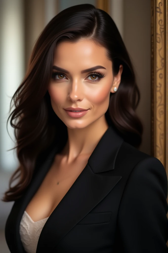 a woman whose elegance transcends the style of the clothes she wears. with a striking presence, she exudes confidence and sophistication in every gesture. their hair, long and well cared for, are always impeccably combed, and her expressive eyes reveal a combination of intelligence and empathy.