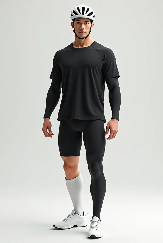 Asian,Are standing,male,A loose black short-sleeved sports shirt,Black arm sleeves,Black running shorts,Black leg sleeves,White socks,White low-cut sneakers,White cycling helmet