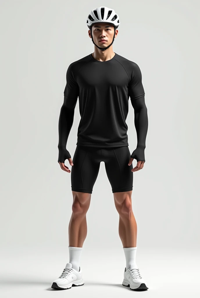 Asian,Are standing,male,A loose black short-sleeved sports shirt,Black arm sleeves,Black running shorts,Black leg sleeves,White socks,White low-cut sneakers,White cycling helmet