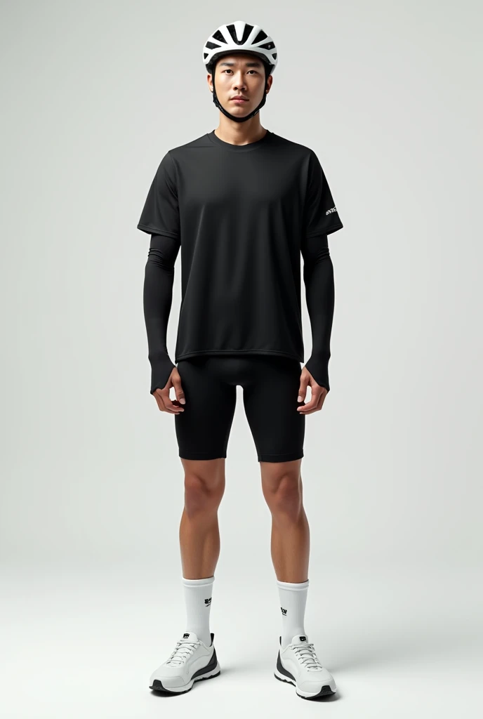 Asian,Are standing,male,A loose black short-sleeved sports shirt,Black arm sleeves,Black running shorts,Black leg sleeves,White socks,White low-cut sneakers,White cycling helmet