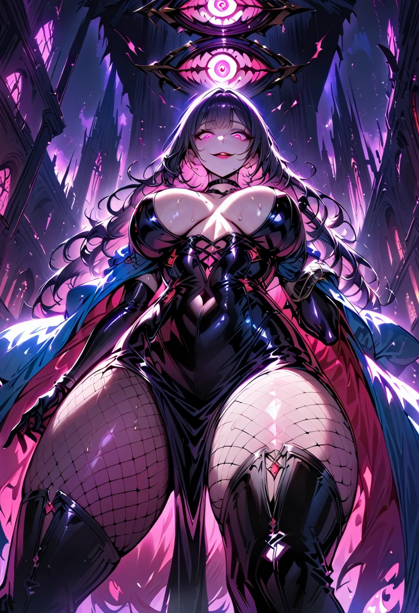 Mature beautiful woman,(Highest quality,Extremely detailed depiction,Incredibly absurd high resolution,Anatomically accurate depiction,Curvy Legs,Shiny skin,Porcelain-like skin),(Female Leader of an Evil Organization:1.5),(Latex Military Costume,A shiny bondage dress with an intricate structure,military hat,military cloak,Fancy dress mask,Leather thigh-high boots,Long gloves,Leather Choker,Fishnet tights),eyelash,eye shadow,(Glowing pink eyes,Crazy Eyes,Eyes half closed:1.3,Large Breasts,A seductive smile,Glossy red lips,Shadowed face,Seductive gestures),Sweat:0.8,whole body,Pink light,(From below:1.3)