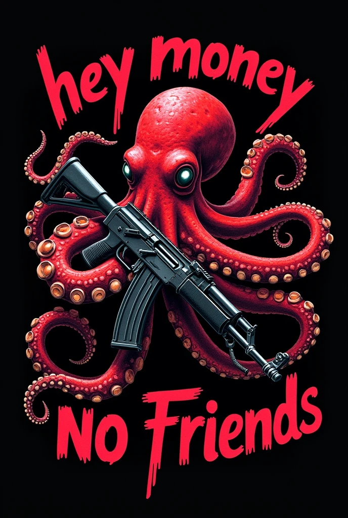 A black background that says hey Mony no Friends with a red octopus holding an ak 47