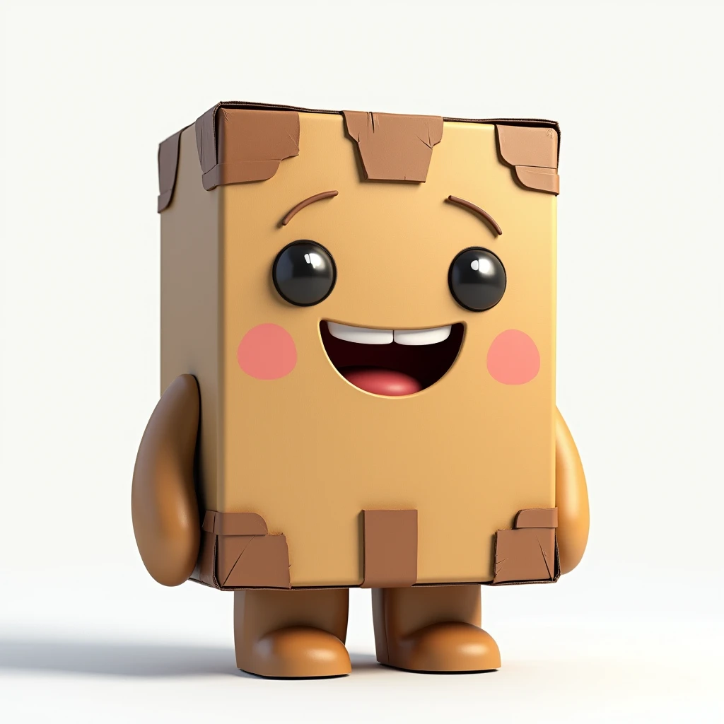 Create a hyper-realistic image of a mascot named WillBox, shaped like a box, (((in focus))), shown from a front-facing view. WillBox should have a detailed, realistic design, capturing the textures and colors of a cardboard or package box, including visible flaps and edges. Ensure WillBox has a friendly and approachable expression, possibly with cartoonish eyes and a smile. (((in focus))) The background must be completely white, resembling a studio setting or transparent, with no distractions or additional elements. The entire WillBox mascot should be fully visible, with no parts cut off. Use soft, flattering lighting to highlight the texture and colors of the box, emphasizing its appearance. The image must be ultra-realistic, crystal clear, 8K UHD, with fine details and a polished, high-quality finish. Ensure the entire image is extremely sharp and (((in focus))), with absolutely no blurriness or softness. All details should be perfectly clear and defined, with absolute focus across the entire image. Use the lens at full aperture to achieve maximum sharpness and clarity (((in focus))).