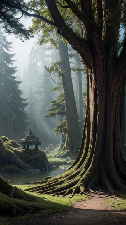 A glowing, secret door in a tree:** A massive, ancient tree with gnarled roots and a thick trunk, partially hidden in the shadowy forest. A small, ornate door is set into the bark, glowing faintly with a mystical light. The door has intricate carvings that suggest ancient symbols, and it radiates a warm, golden glow that contrasts with the cold blue hues of the surrounding forest. The scene has a magical and mysterious aura, with a touch of dark fantasy reminiscent of Arthur Rackham’s illustrations.