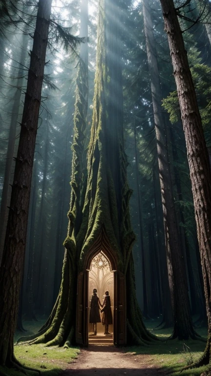A glowing, secret door in a tree:** A massive, ancient tree with gnarled roots and a thick trunk, partially hidden in the shadowy forest. A small, ornate door is set into the bark, glowing faintly with a mystical light. The door has intricate carvings that suggest ancient symbols, and it radiates a warm, golden glow that contrasts with the cold blue hues of the surrounding forest. The scene has a magical and mysterious aura, with a touch of dark fantasy reminiscent of Arthur Rackham’s illustrations.