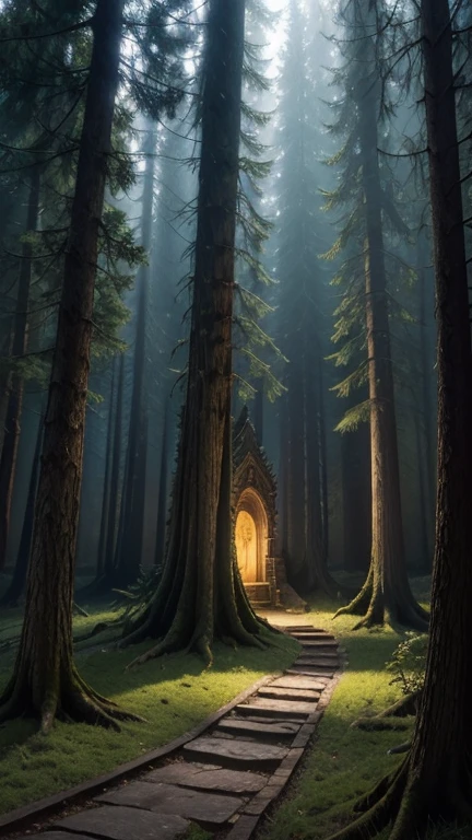 A glowing, secret door in a tree:** A massive, ancient tree with gnarled roots and a thick trunk, partially hidden in the shadowy forest. A small, ornate door is set into the bark, glowing faintly with a mystical light. The door has intricate carvings that suggest ancient symbols, and it radiates a warm, golden glow that contrasts with the cold blue hues of the surrounding forest. The scene has a magical and mysterious aura, with a touch of dark fantasy reminiscent of Arthur Rackham’s illustrations.