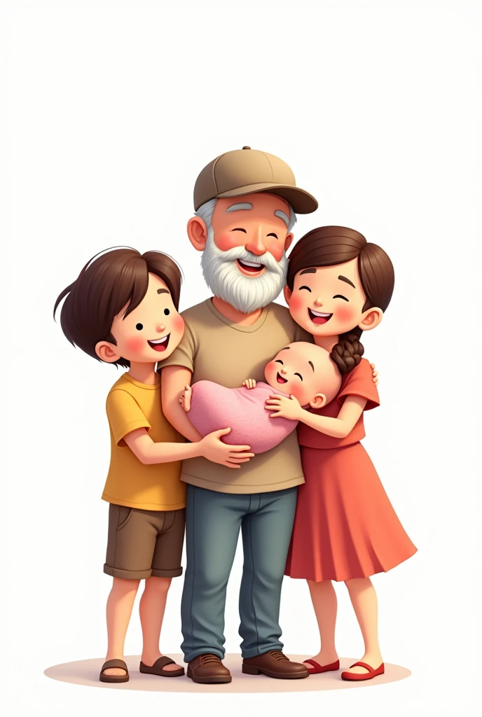 Cartoon loving grandfather with cap without beard, with age male grandson and newborn female granddaughter in pink dress on a white background