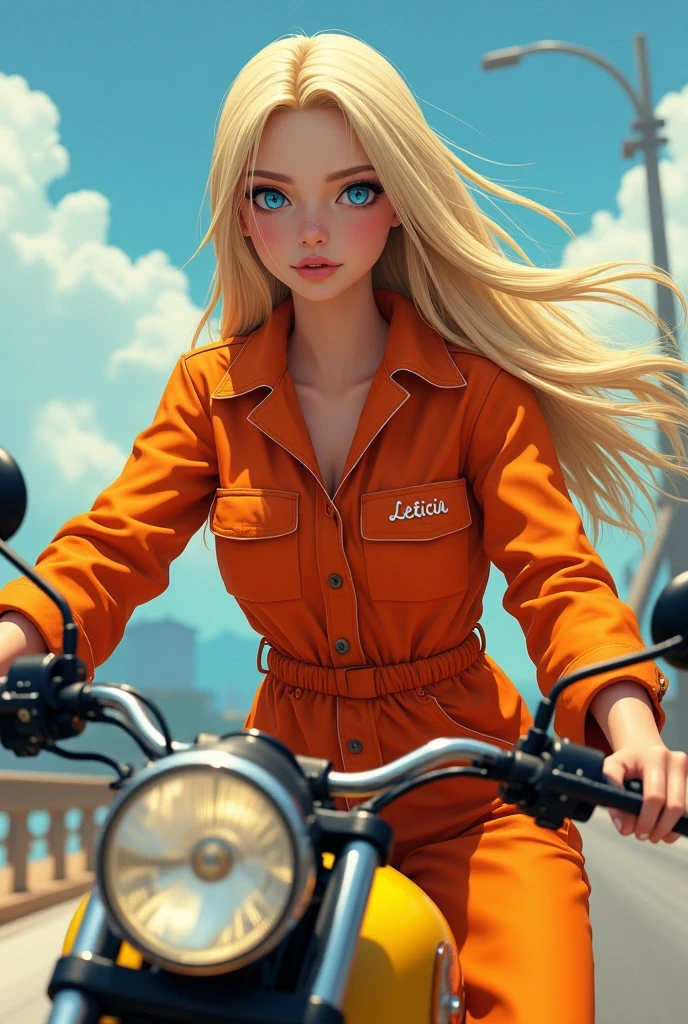 a blonde woman with blue eyes, sexy long hair wearing an orange jumpsuit, your name is written on the pocket "Leticia", of the type used on oil platforms, hitchhiking on the back of a yellow motorcycle from a motorcycle taxi, anime type

