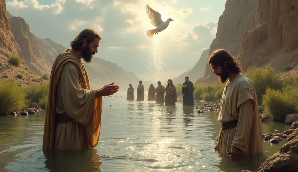 biblical history,
John the Baptist baptizes Jesus in the Jordan River, the Holy Spirit descends from heaven and a dove lands on Jesus., deep down several sinners