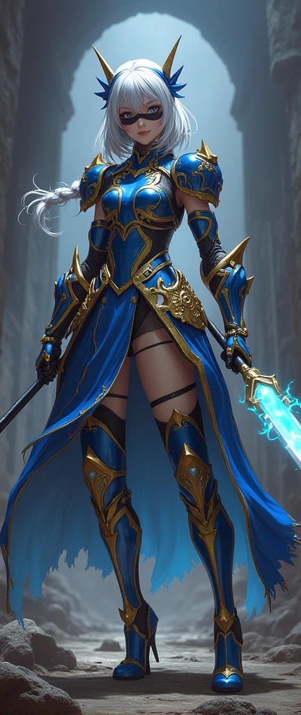 Make a 'kitbash' of Lenneth from 'Valkyrie profile' and 2B from 'Nier: Automata', combine 2B and Lenneth, solo, 1girl, BREAK: ((bright sapphire blue plate mech4rmor)), (boob window), thigh cutout, strong calves, long skirt, (blindfold:1.27), wings, BREAK: standing contrapposto, (holding glowing sword), light smile, BREAK: plains, castle, BREAK: (better hands, best hands,) (insanely detailed, masterpiece, best quality), strong_negative