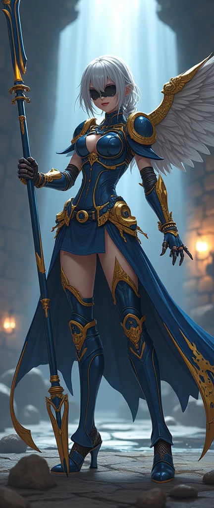 (Lenneth:2B:1.3) merge characters "2B" and "Lenneth", solo, 1girl, BREAK: hip-length silver hair in a loose braid, damaged ((gold trimmed sapphire blue plate mechanical armor)), (boob window:1.27), (pokie nipples:1.5), (blue plate armor helmet), black blindfold covering eyes under helmet, thigh cutouts, (tattered loin cloth skirt), gold and silver wings (on hips), BREAK: in fighting poses, holding glowing spear, light smile, BREAK: (deep dungeon interior setting), BREAK: (better hands, best hands), (insanely detailed, masterpiece, best quality)