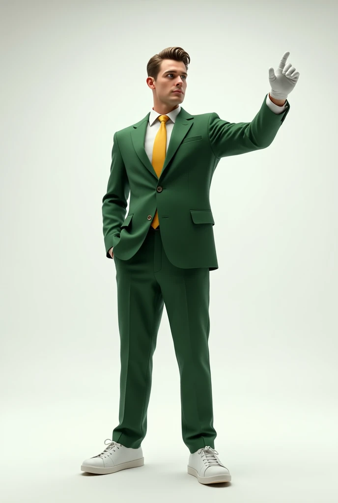 I would like a highly realistic full body image of a man. He should be wearing a green suit, green pants, white shirt and yellow tie. The background should be a neutral environment, white and well lit. The man's hair should be combed to the side and he should wear white gloves.. He should be pointing to the side with his right index finger as if he were pointing to a sign next to him above his shoulder. The camera should be at eye level., capturing the whole body, and the image must be in high resolution. The shoes should be sneakers.